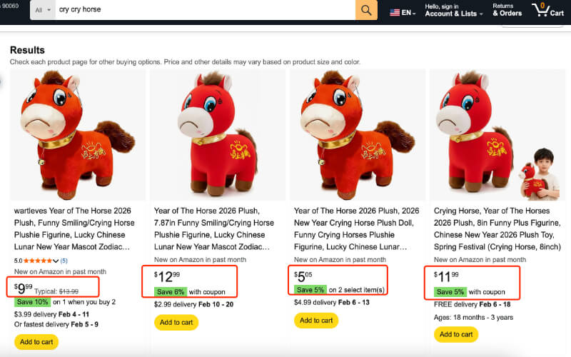 Amazon search results showing crying horse toys with different prices and delivery times.
