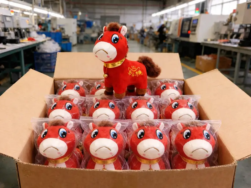 Cardboard box packed with identical red plush horses on a production line, a single unwrapped crying horse sits on top