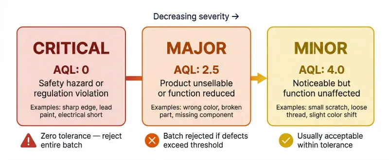 AQL defect classification diagram showing critical major and minor defect levels with examples