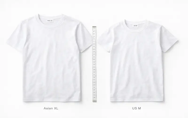 Two identical shirts side by side. Asian XL tag and US M tag showing how asian sizes=
