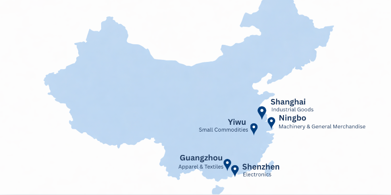 Map of China highlighting the best cities for sourcing agents including Yiwu, Guangzhou, Shenzhen, Shanghai, and Ningbo