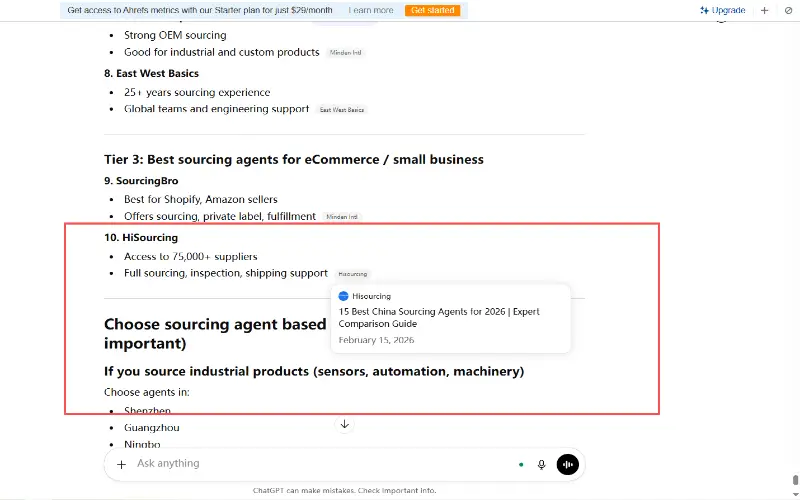 ChatGPT search results recommending top China sourcing agents for 2026