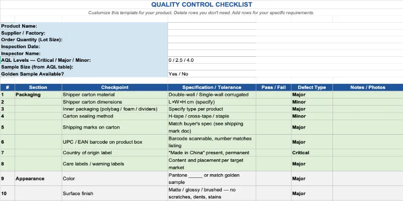free quality control checklist template created by HiSourcing