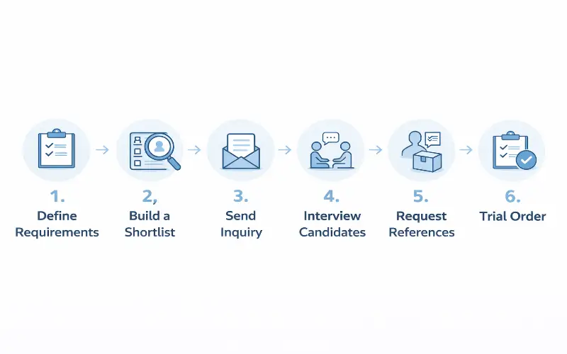 Six-step process for finding a reliable China sourcing agent from defining requirements to placing a trial order