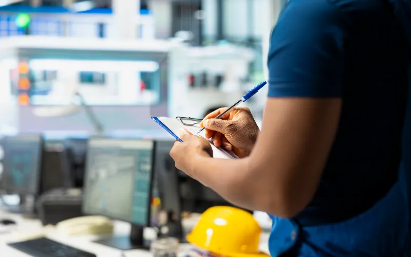 QC inspector checking products according to quality control checklist