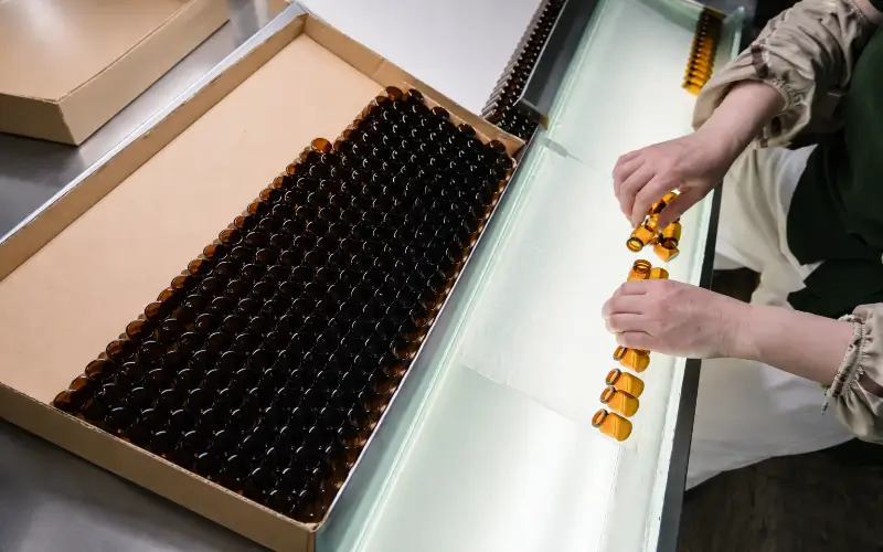 Quality inspection of glass bottles during mid-production at a China manufacturing facility