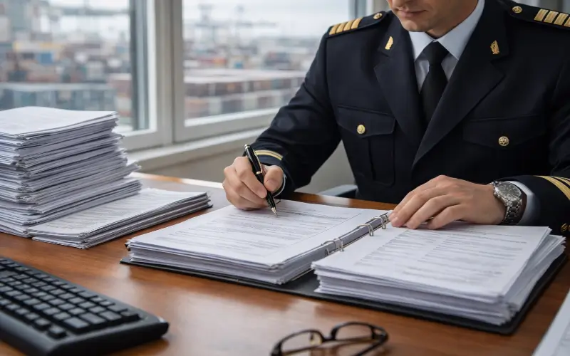Customs officer reviewing import documentation and clearance paperwork at a port office