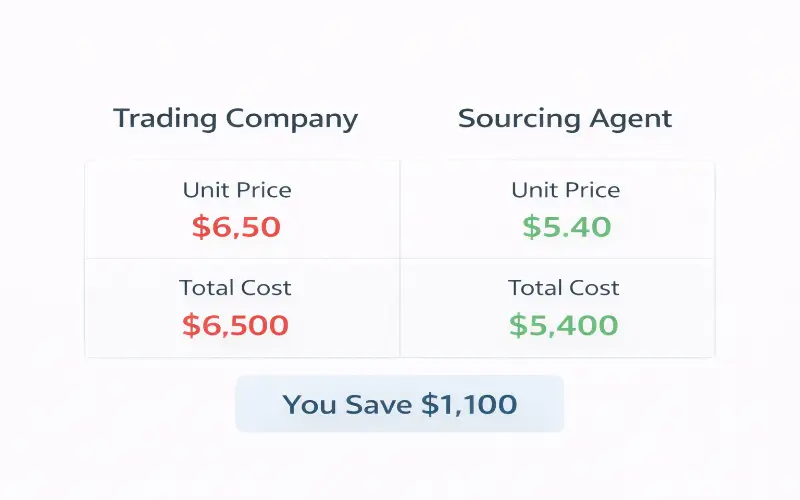 Cost comparison between sourcing agent and trading company showing $1,100 savings on a 1,000 unit order