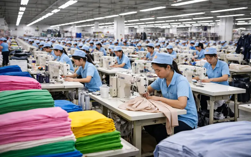 Workers at a Vietnam garment factory production line