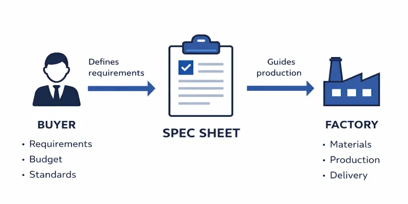 Diagram showing how a spec sheet connects buyers and factories