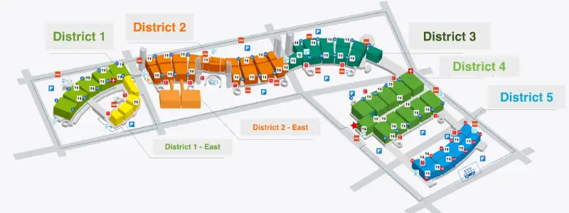 Layout map of Yiwu International Trade Market showing District 1 through District 5