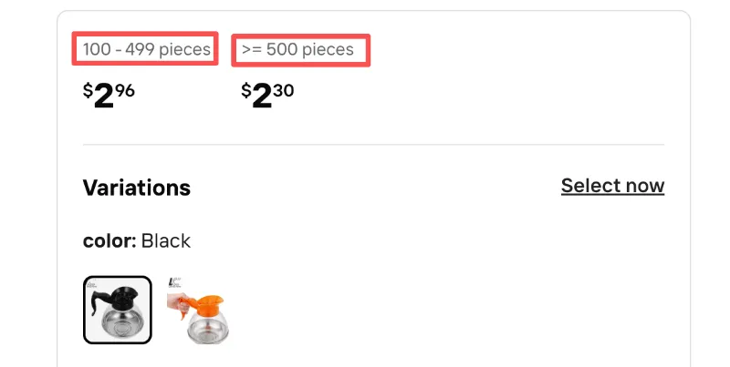 Alibaba bulk pricing example showing $2.96 per piece for 100-499 units versus $2.30 per piece for 500+ units