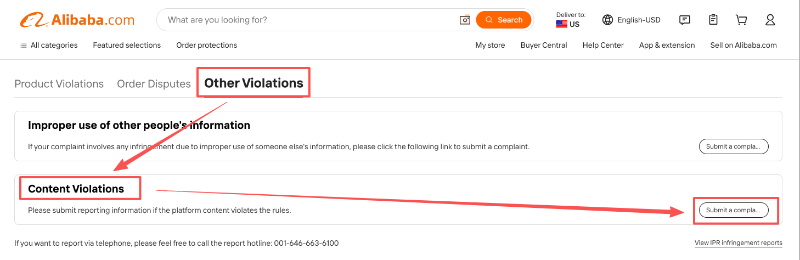 Click Other Violations, Content Violations, then Submit a complaint on Alibaba