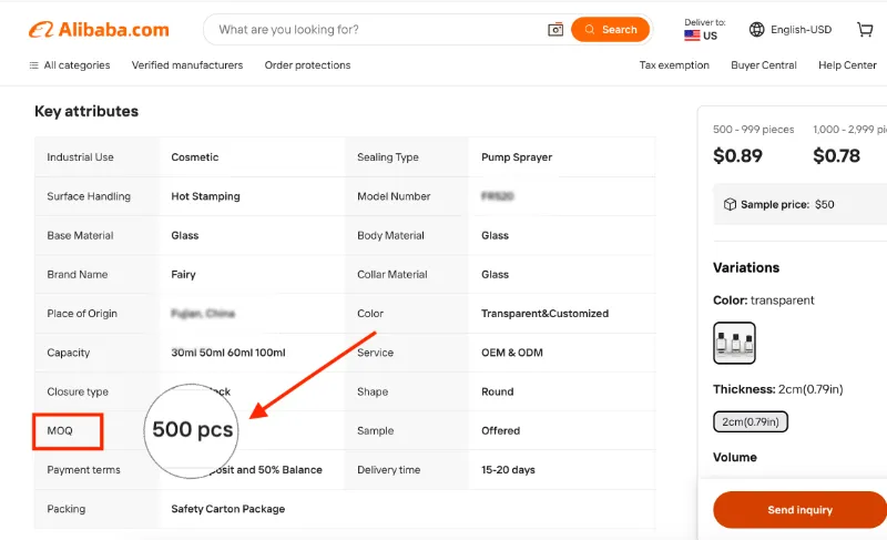 Alibaba product detail page showing MOQ of 500 pieces in the Key Attributes table