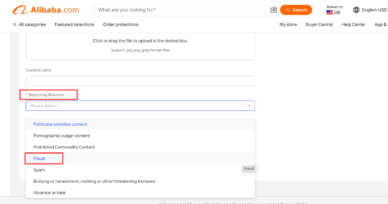 Select Fraud in the Reporting Reasons form when reporting an Alibaba scammer supplier