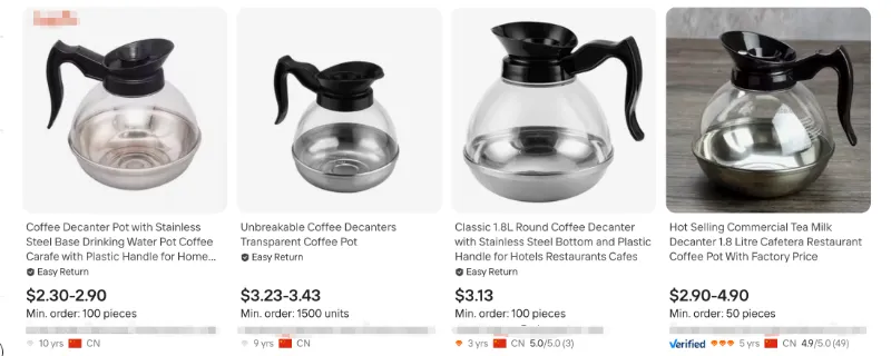 Four Alibaba suppliers listing similar coffee decanters at $2.30-$4.90 with different MOQs showing platform price competition