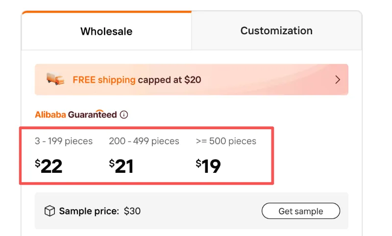 Alibaba supplier pricing showing three MOQ tiers from 3 to 500+ pieces