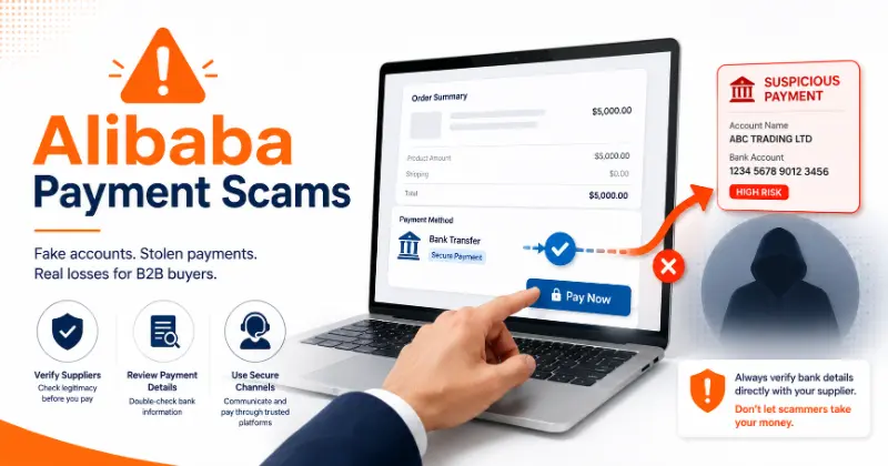 Alibaba payment scams, including Off-Platform Payment, Payment Not Received, and Hacked Supplier Email