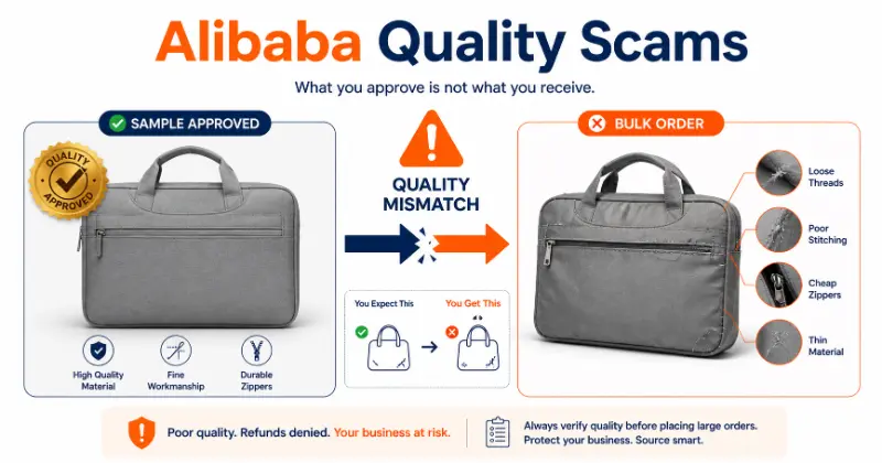 Alibaba quality scams, including Items Received Not as Described, Quality Degradation Over Repeat Orders, Damaged Shipment, Sample Mismatch and others
