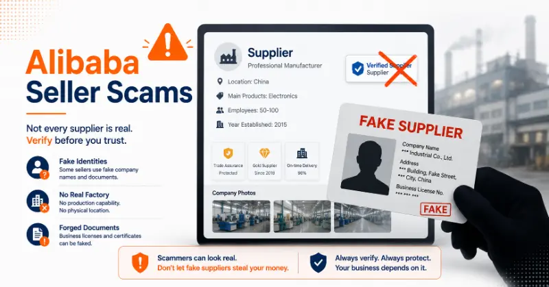 Alibaba seller scams, including ghost supplier, verified supplier poor quality, and trading company posing as a factory