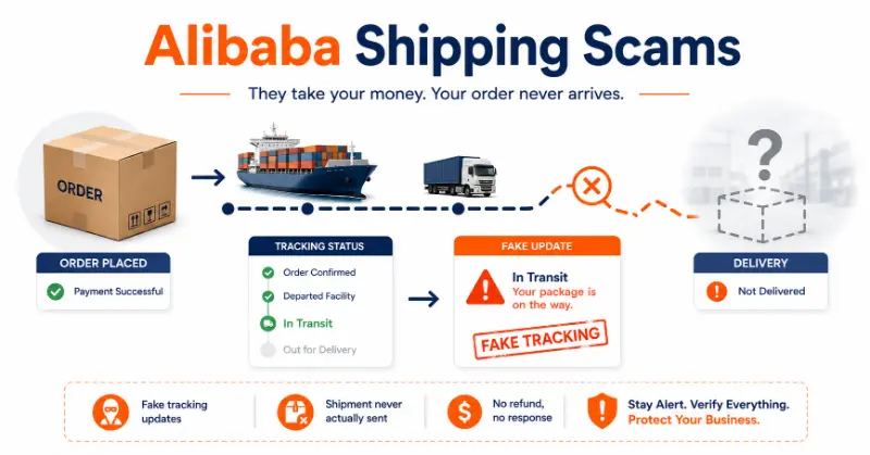 Alibaba shipping scams, including wrong tracking number and fake shipping documents,