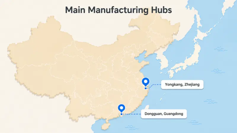 Map showing Yongkang and Dongguan, the main Stanley cup manufacturing hubs in China