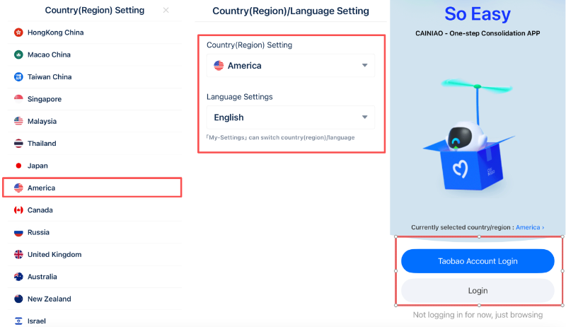 Setting up the Cainiao app by selecting America as region and English as language before logging in with a Taobao account