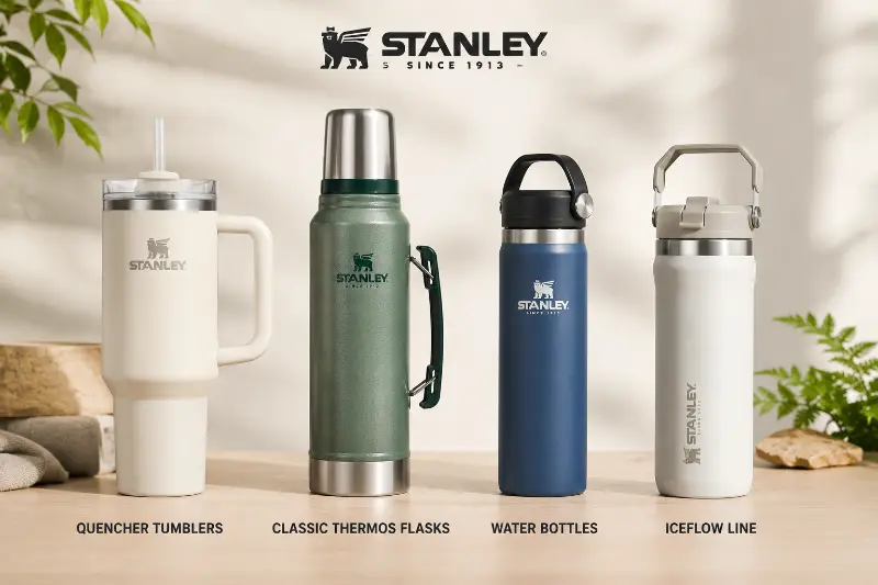 Stanley product lineup showing where each is made: Quencher tumblers, Classic thermos flasks, Water bottles, and IceFlow line, all manufactured in China