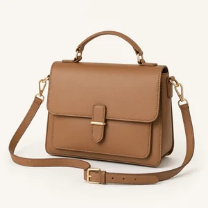 Structured satchel bag with top handle and strap