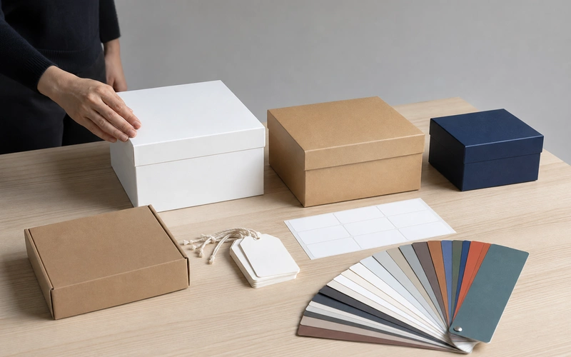 Blank gift boxes and swing tags used for private-label packaging samples