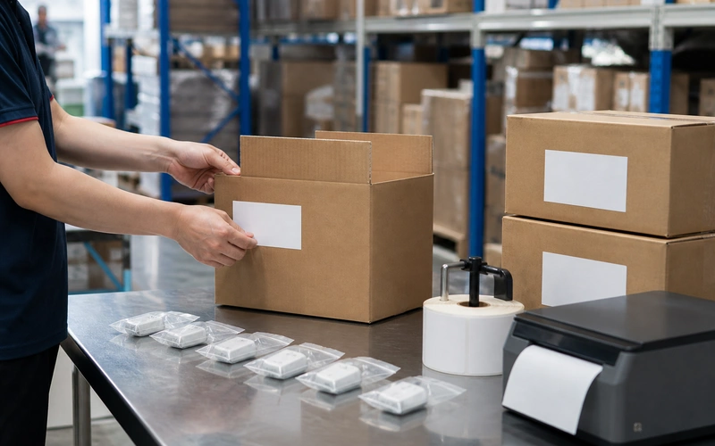 Poly-bagging and labelling products for e-commerce order fulfilment