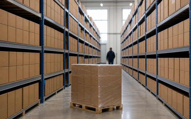 Identical cartons stacked on warehouse racking for repeat stock orders