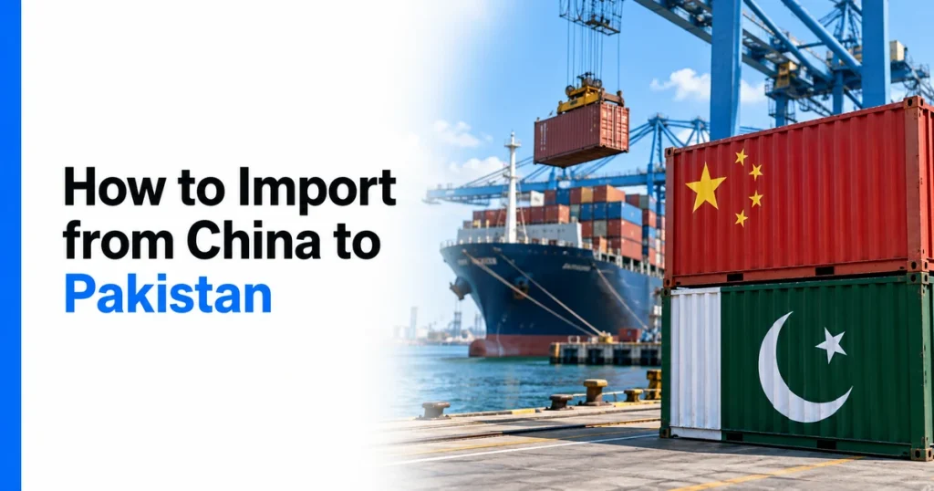 Import from China to Pakistan: shipping containers with the flags of China and Pakistan at a container port